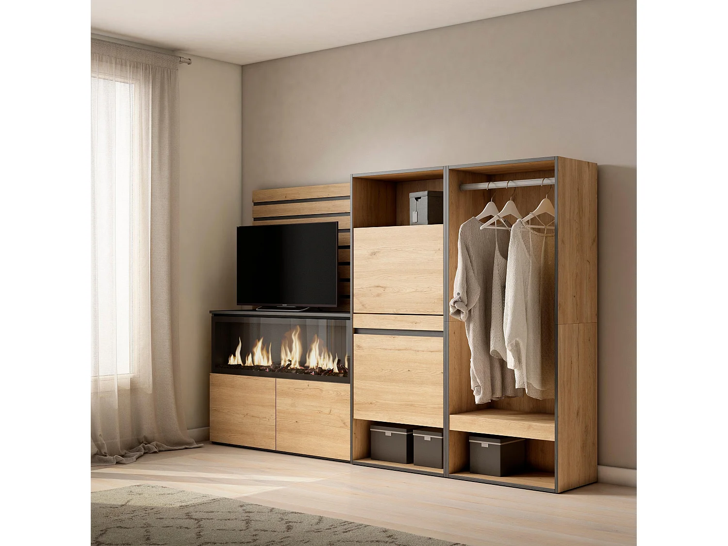 Buffet, Bahut, 227x35x145cm, Chambre à coucher, pièce, Cheminée électrique XXL, Meuble à Chaussures, Vestiaire ouvert, Chêne