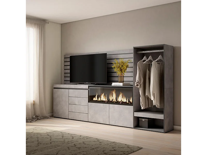 Buffet, Bahut, 274x35x145 cm, Chambre à coucher, pièce, Cheminée électrique XXL, Commode, Buffet, Vestiaire ouvert, Ciment