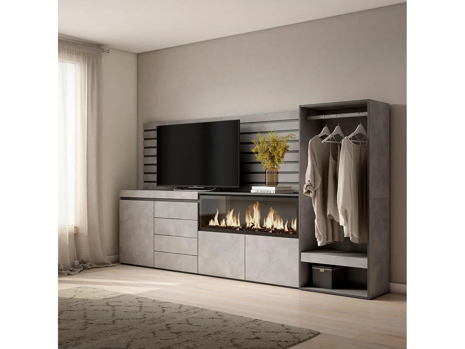 Sideboard, Kommode, 274x35x145cm, Für Schlafzimmer, Elektrokamin XXL, Kommode mit Schubladen, Offener Kleiderschrank, Zement