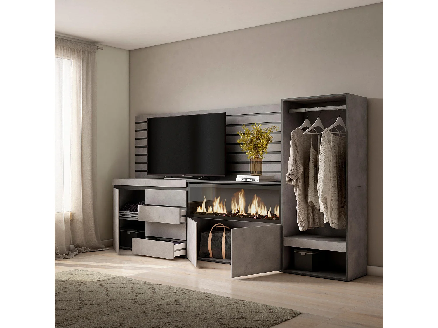 Sideboard, Kommode, 274x35x145cm, Für Schlafzimmer, Elektrokamin XXL, Kommode mit Schubladen, Offener Kleiderschrank, Zement