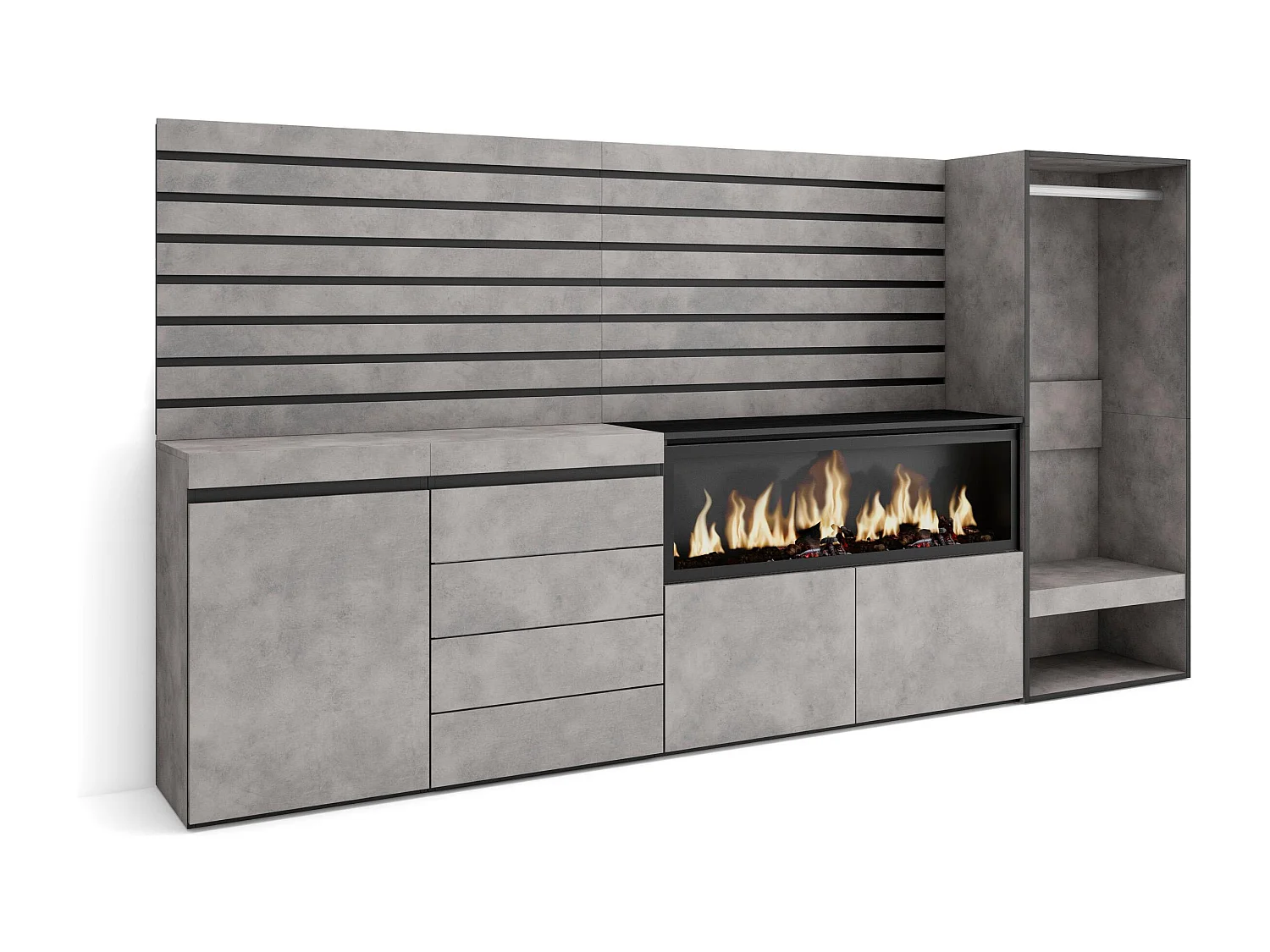 Sideboard, Kommode, 274x35x145cm, Für Schlafzimmer, Elektrokamin XXL, Kommode mit Schubladen, Offener Kleiderschrank, Zement