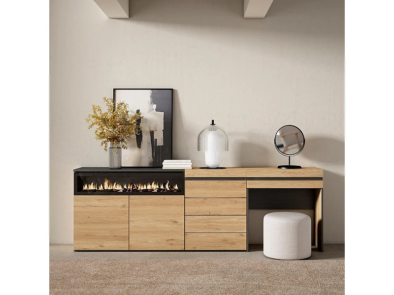 Buffet, Bahut, 227x35x75 cm, Chambre à coucher, pièce, Cheminée électrique, Commode, Buffet, Coiffeuse, Chêne