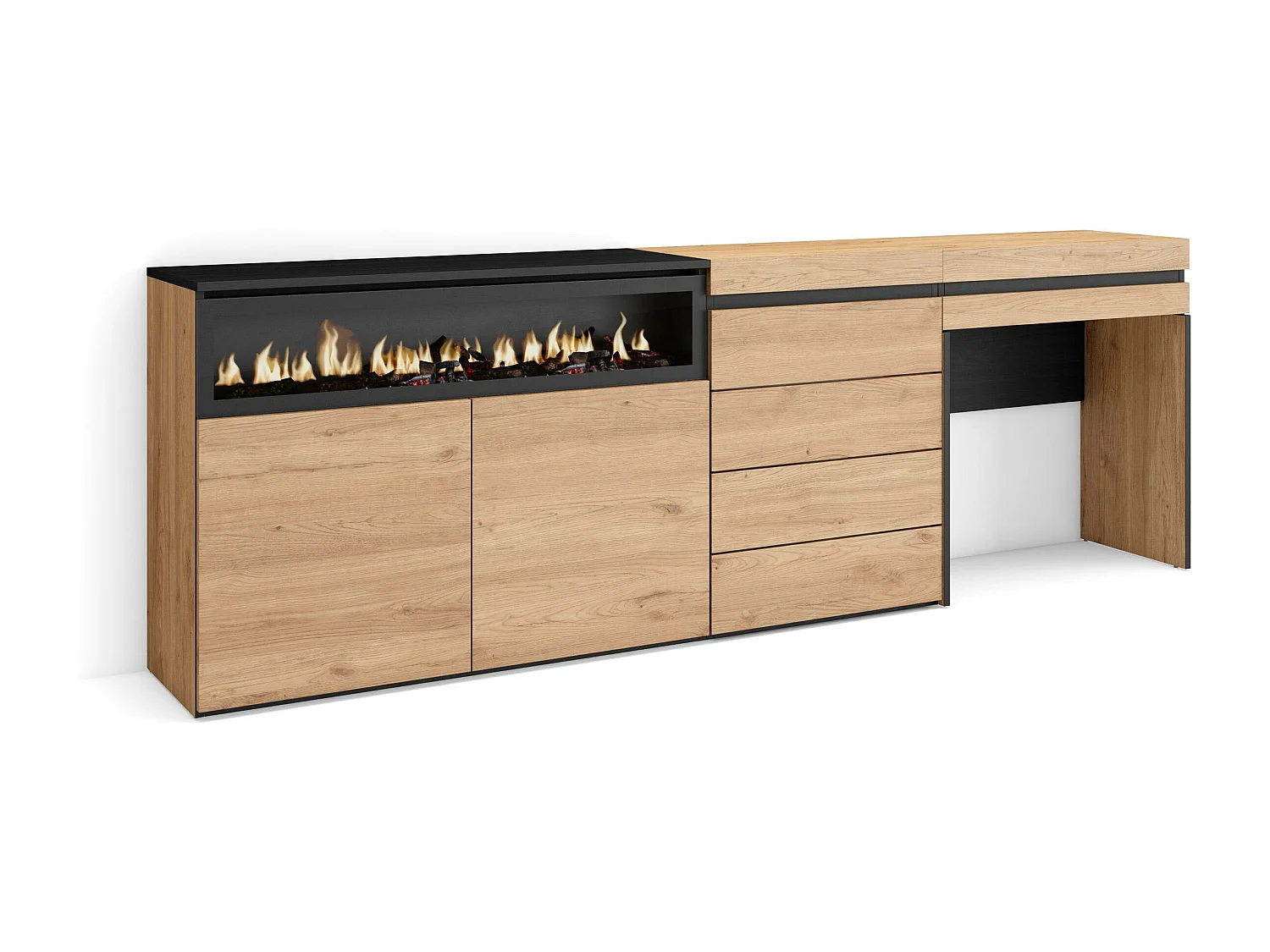 Buffet, Bahut, 227x35x75 cm, Chambre à coucher, pièce, Cheminée électrique, Commode, Buffet, Coiffeuse, Chêne