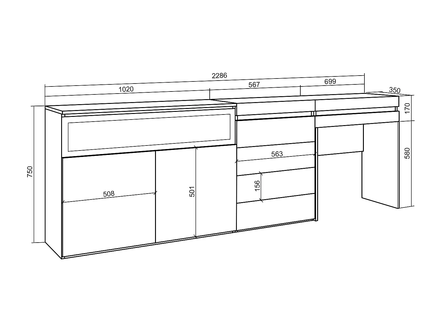 Dressoir, Opbergkast, 227x35x75cm, Voor slaapkamer, kamer, Elektrische haard, Ladekast, Commode, Kaptafel, Make-uptafel, Eiken