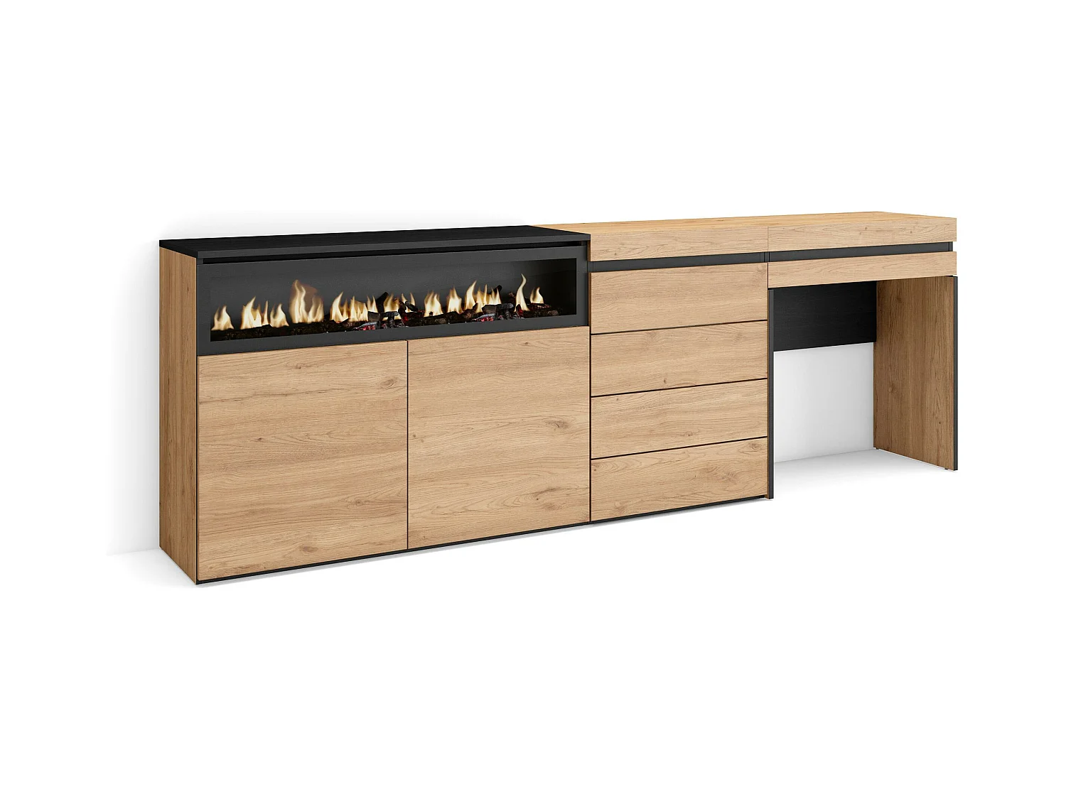 Buffet, Bahut, 227x35x75 cm, Chambre à coucher, pièce, Cheminée électrique, Commode, Buffet, Coiffeuse, Chêne