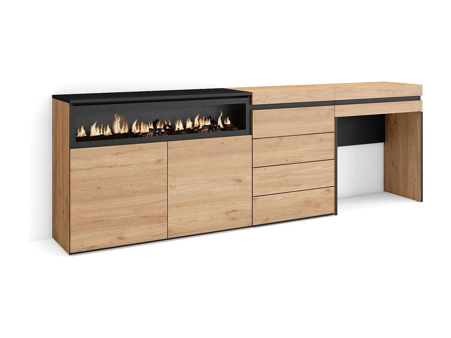 Dressoir, Opbergkast, 227x35x75cm, Voor slaapkamer, kamer, Elektrische haard, Ladekast, Commode, Kaptafel, Make-uptafel, Eiken