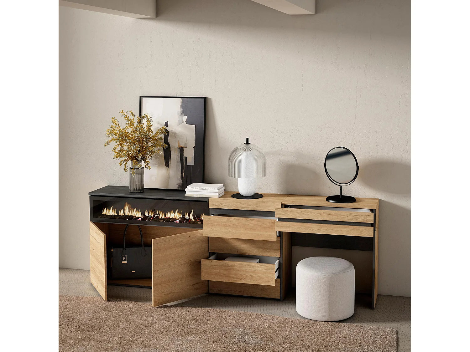 Buffet, Bahut, 227x35x75cm, Chambre à coucher, pièce, Cheminée électrique, Commode, Buffet, Coiffeuse, Chêne