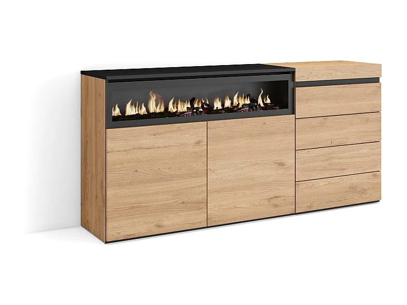 Sideboard, Kommode, 157x35x75cm, Für Schlafzimmer, Elektrokamin, Kommode mit Schubladen, Eiche
