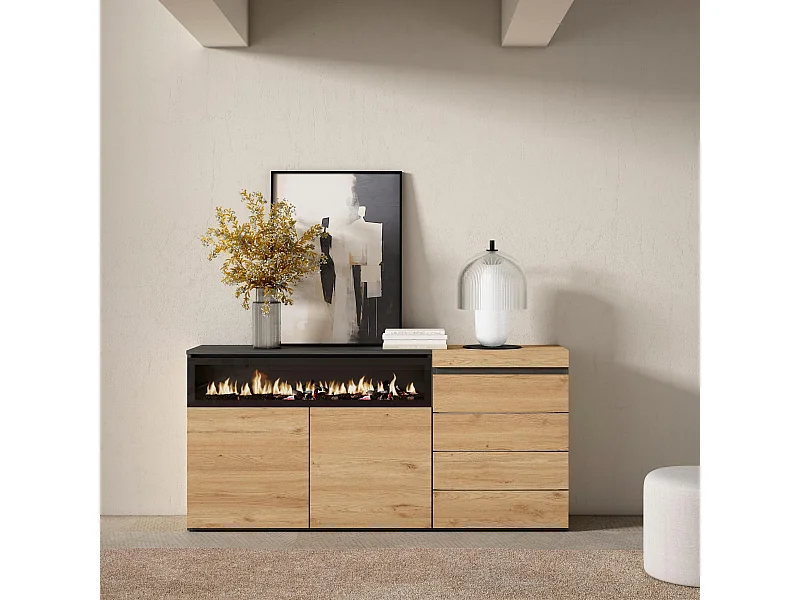 Buffet, Bahut, 157x35x75 cm, Chambre à coucher, pièce, Cheminée électrique, Commode, Buffet, Chêne