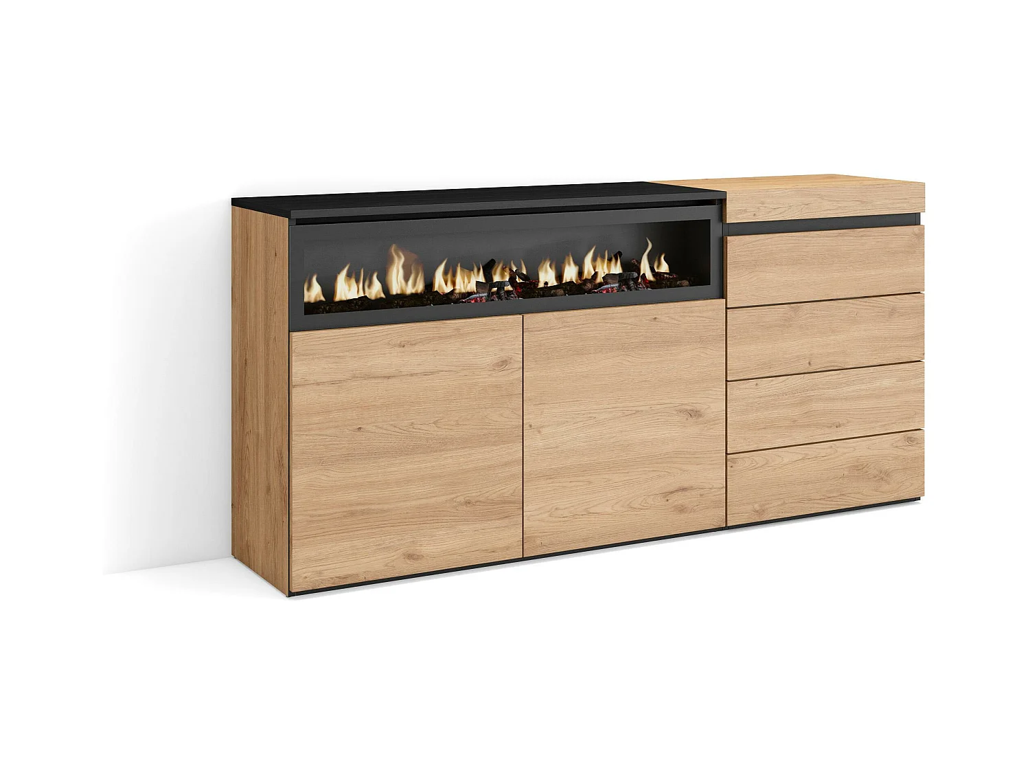 Buffet, Bahut, 157x35x75 cm, Chambre à coucher, pièce, Cheminée électrique, Commode, Buffet, Chêne