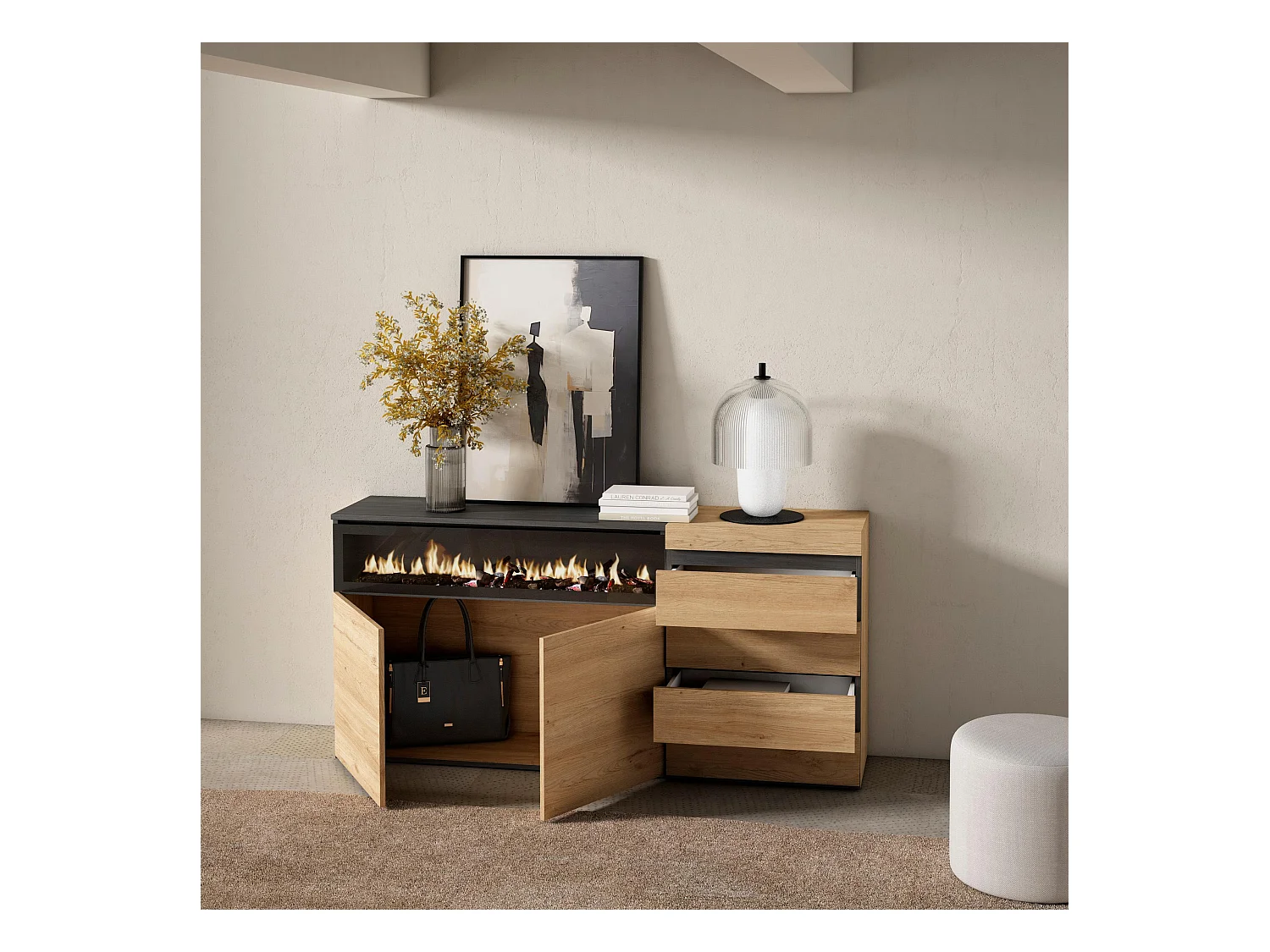 Dressoir, Opbergkast, 157x35x75cm, Voor slaapkamer, kamer, Elektrische haard, Ladekast, Commode, Eiken