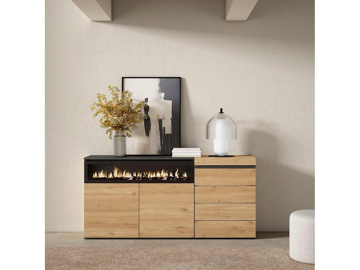 Dressoir, Opbergkast, 157x35x75cm, Voor slaapkamer, kamer, Elektrische haard, Ladekast, Commode, Eiken