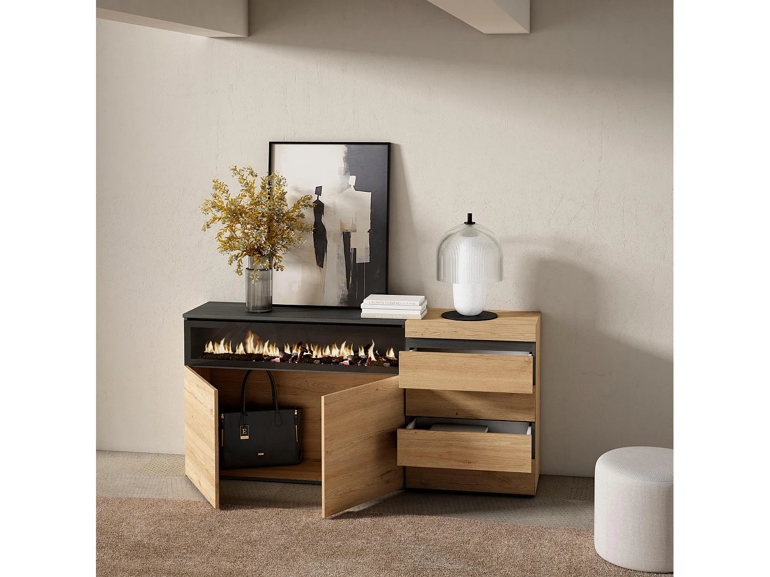 Dressoir, Opbergkast, 157x35x75cm, Voor slaapkamer, kamer, Elektrische haard, Ladekast, Commode, Eiken