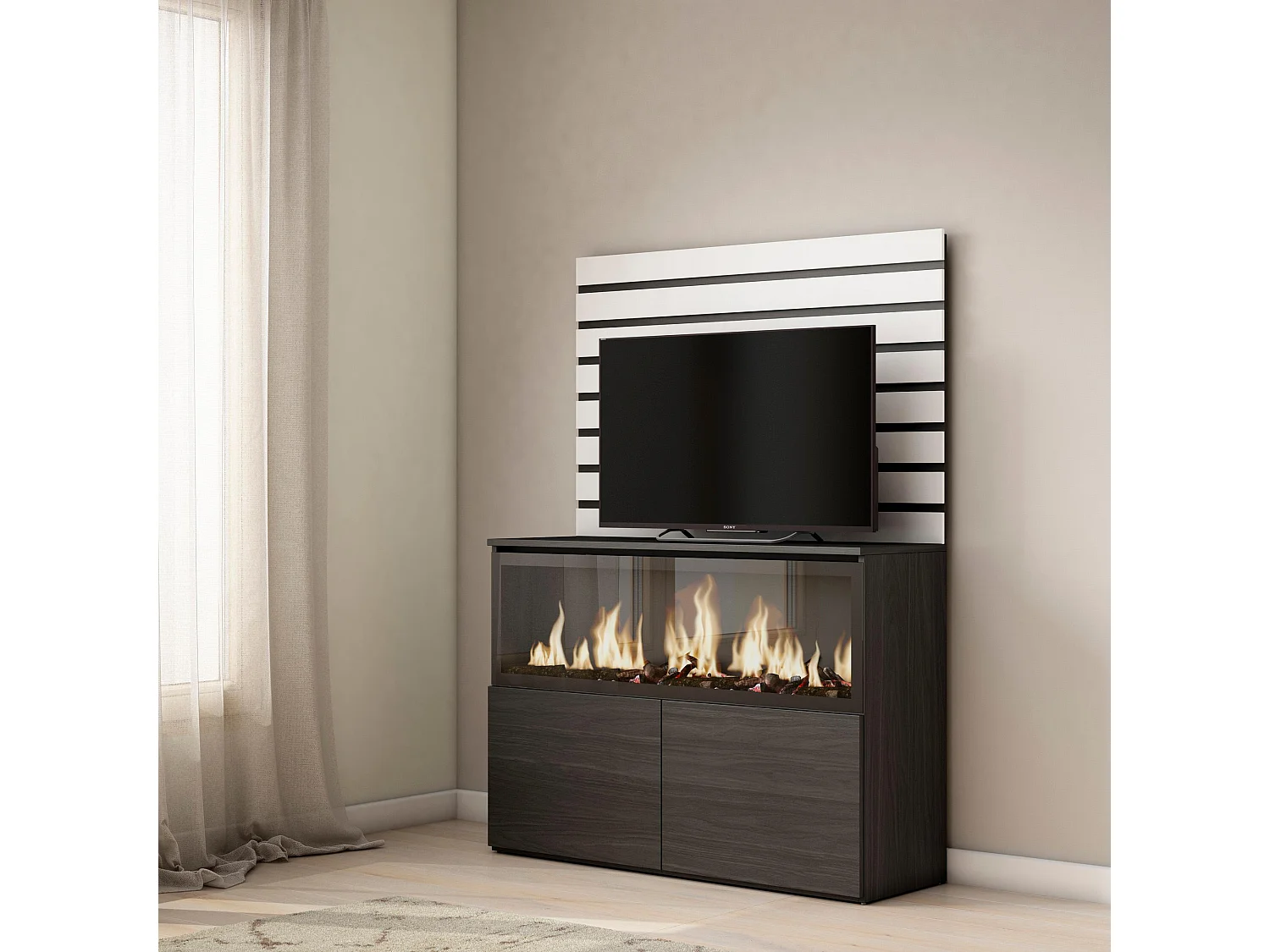 Buffet, Bahut, 107x35x145 cm, Chambre à coucher, pièce, Cheminée électrique XXL, Blanc