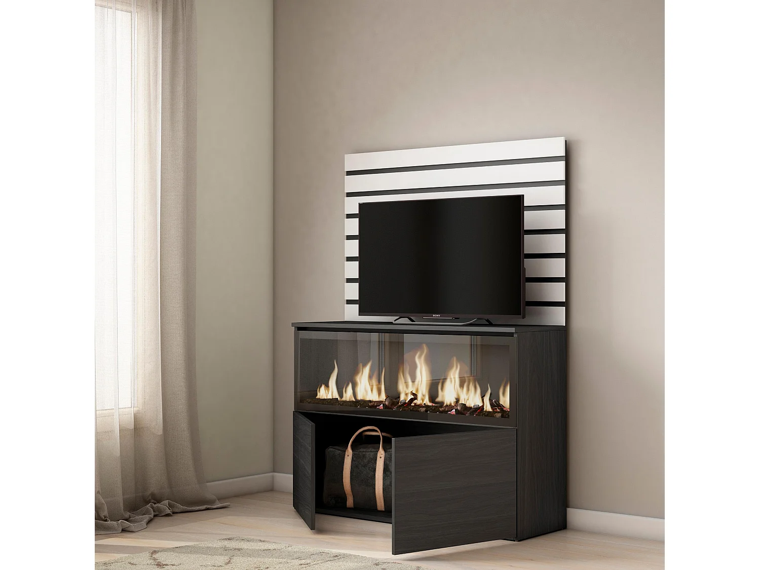 Buffet, Bahut, 107x35x145 cm, Chambre à coucher, pièce, Cheminée électrique XXL, Blanc