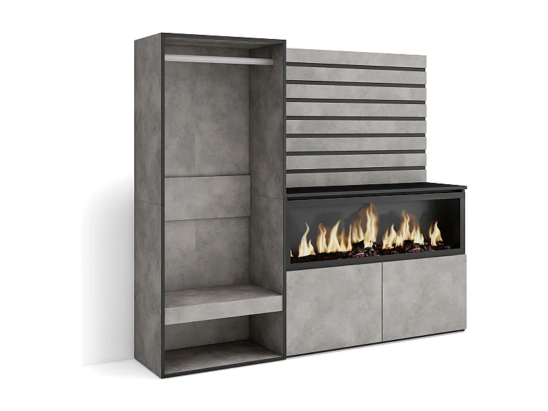 Credenza, 167x35x145cm, Camera da letto, stanza, Camino elettrico XXL, Armadio Aperto, Cemento