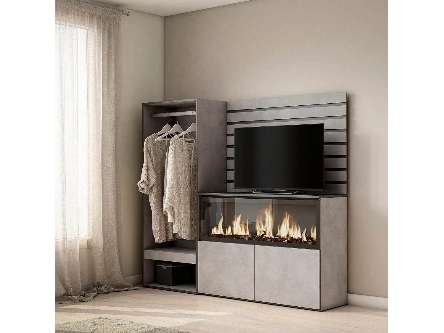 Buffet, Bahut, 167x35x145 cm, Chambre à coucher, pièce, Cheminée électrique XXL, Vestiaire ouvert, Ciment