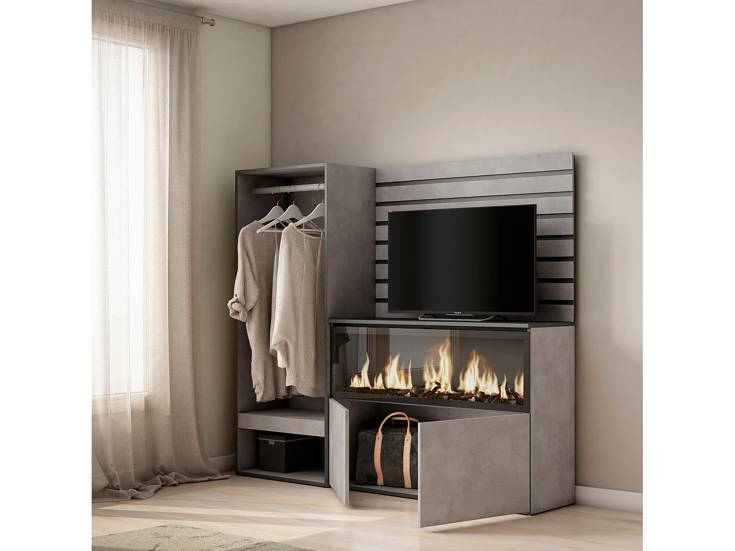 Buffet, Bahut, 167x35x145 cm, Chambre à coucher, pièce, Cheminée électrique XXL, Vestiaire ouvert, Ciment