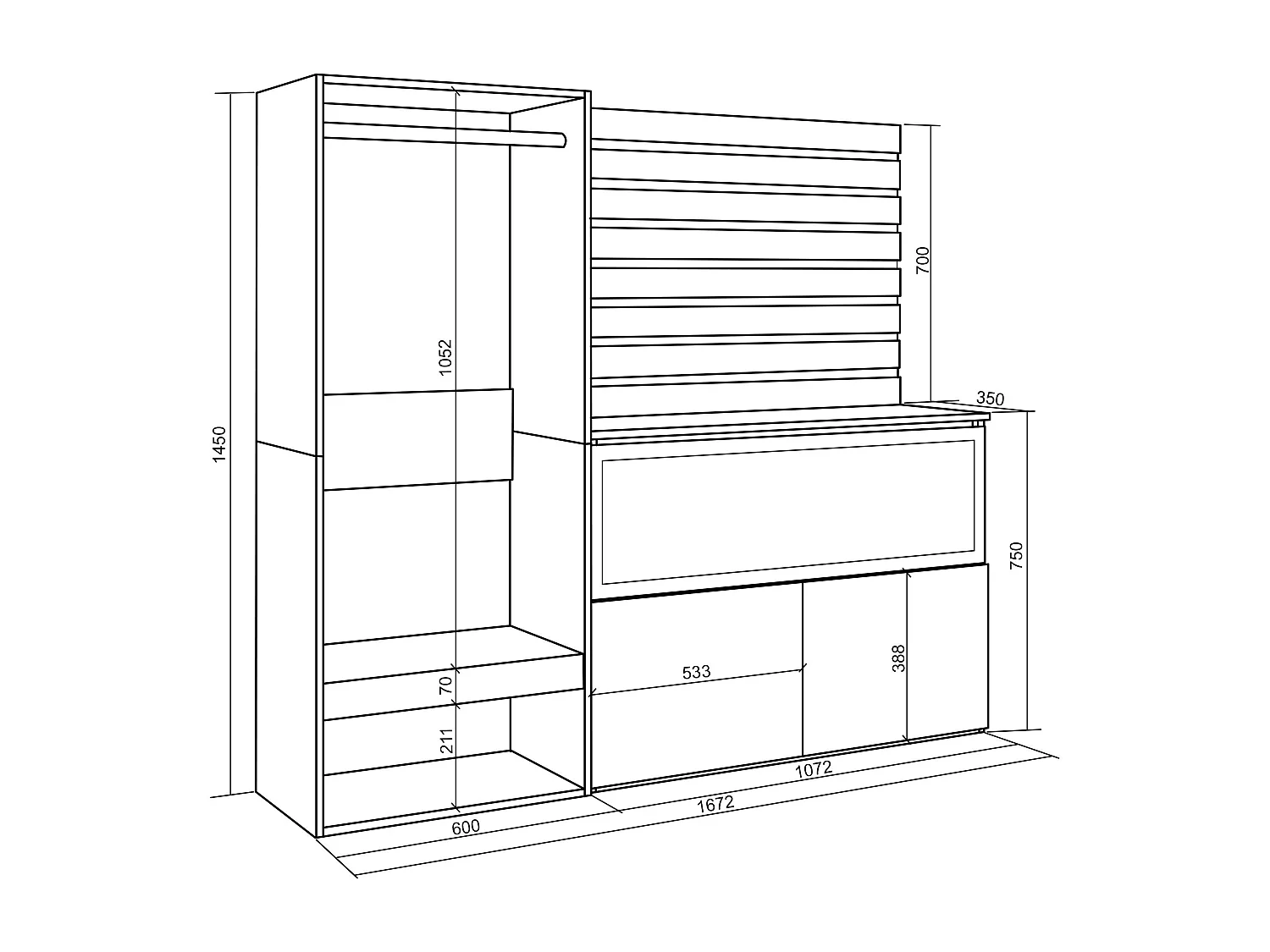Buffet, Bahut, 167x35x145 cm, Chambre à coucher, pièce, Cheminée électrique XXL, Vestiaire ouvert, Ciment