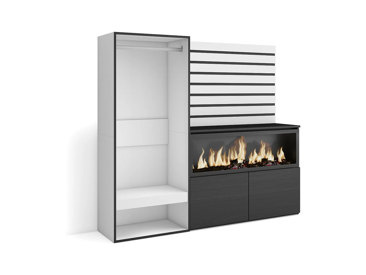 Buffet, Bahut, 167x35x145 cm, Chambre à coucher, pièce, Cheminée électrique XXL, Vestiaire ouvert, Blanc