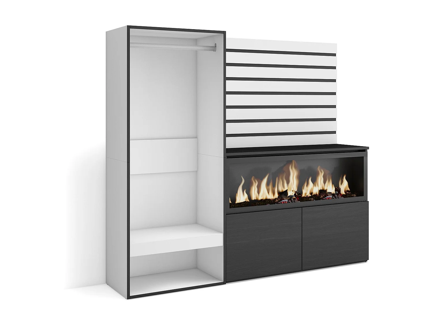 Aparador, Buffet, 167x35x145cm, Para quarto, dormitório, Lareira eléctrica XXL, Roupeiro aberto, Branco