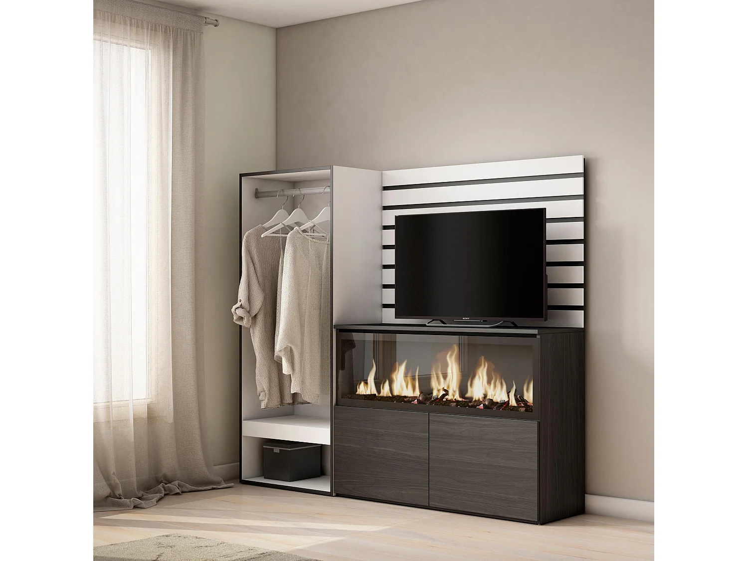 Aparador, Buffet, 167x35x145cm, Para quarto, dormitório, Lareira eléctrica XXL, Roupeiro aberto, Branco