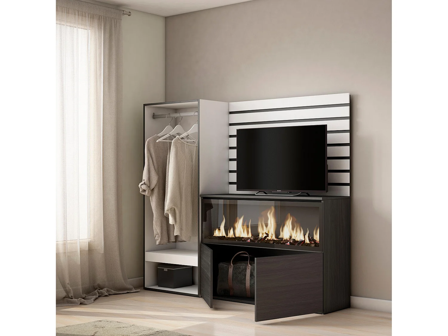 Aparador, Buffet, 167x35x145cm, Para quarto, dormitório, Lareira eléctrica XXL, Roupeiro aberto, Branco