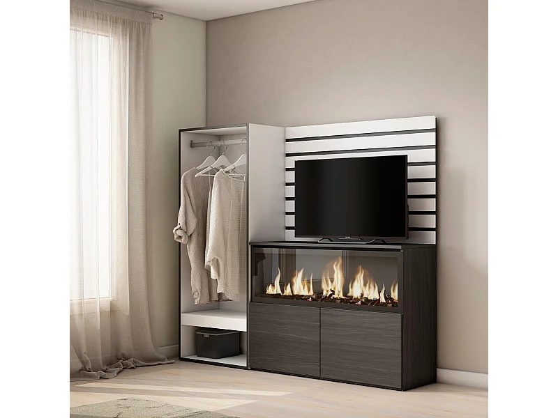 Dressoir, Opbergkast, 167x35x145cm, Voor slaapkamer, kamer, Elektrische haard XXL, Open Kledingkast, Wit