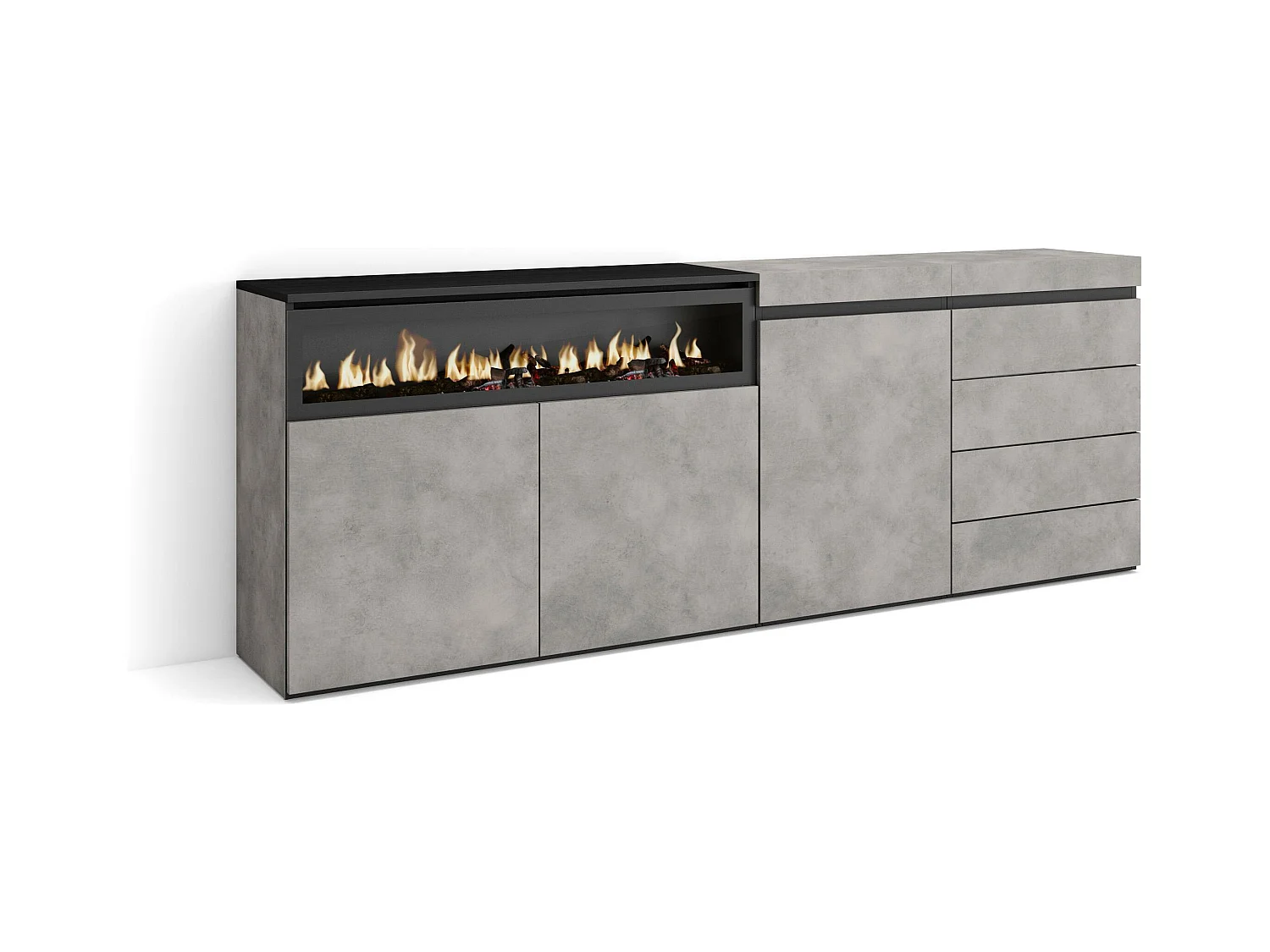 Buffet, Bahut, 207x35x75 cm, Chambre à coucher, pièce, Cheminée électrique, Commode, Buffet, Ciment