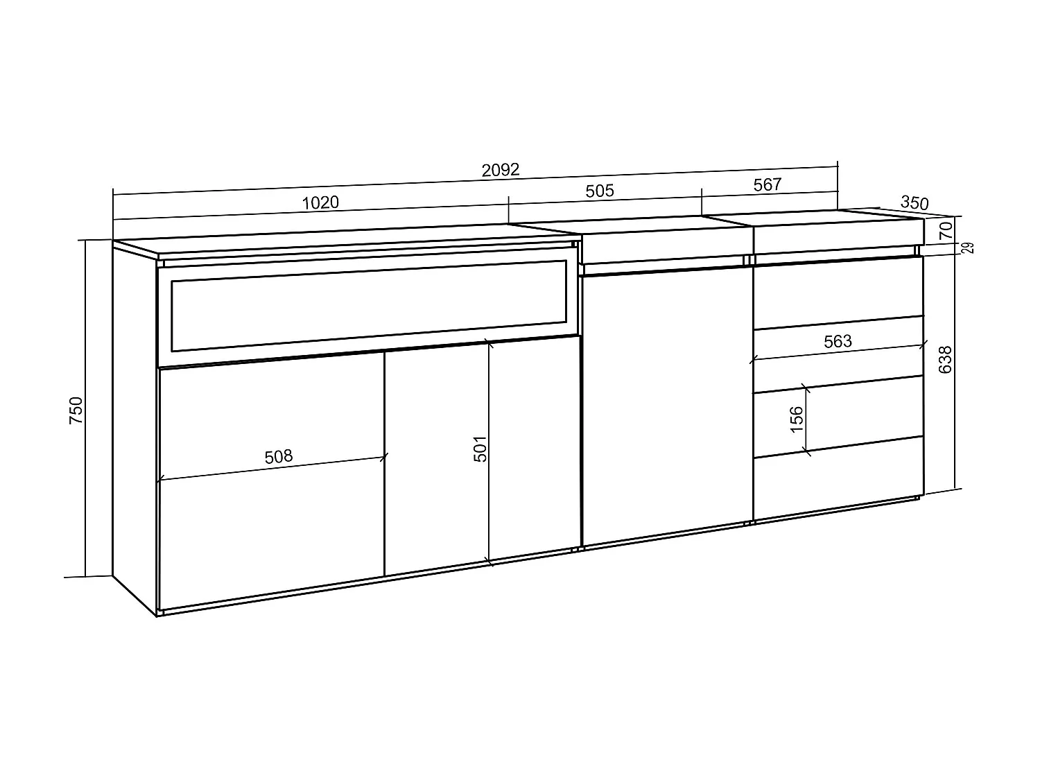 Dressoir, Opbergkast, 207x35x75cm, Voor slaapkamer, kamer, Elektrische haard, Ladekast, Commode, Cement