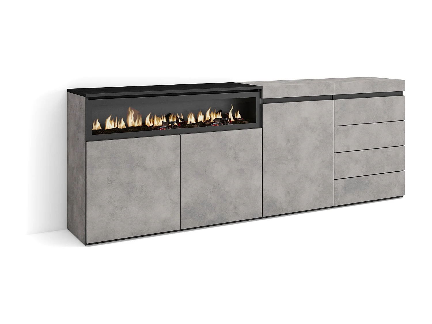 Dressoir, Opbergkast, 207x35x75cm, Voor slaapkamer, kamer, Elektrische haard, Ladekast, Commode, Cement