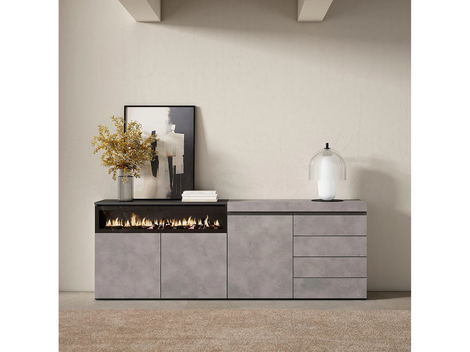 Dressoir, Opbergkast, 207x35x75cm, Voor slaapkamer, kamer, Elektrische haard, Ladekast, Commode, Cement