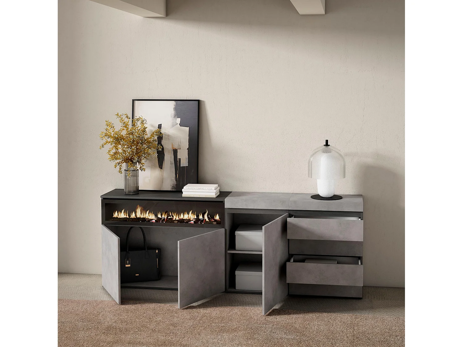Dressoir, Opbergkast, 207x35x75cm, Voor slaapkamer, kamer, Elektrische haard, Ladekast, Commode, Cement