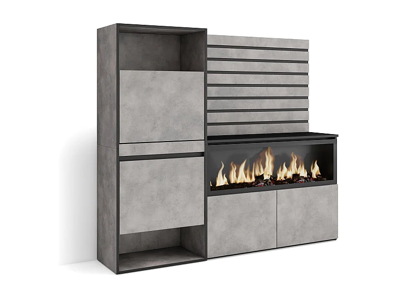 Credenza, 167x35x145cm, Camera da letto, stanza, Camino elettrico XXL, Scarpiera, Cemento