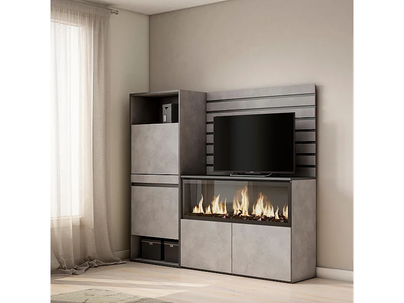 Buffet, Bahut, 167x35x145 cm, Chambre à coucher, pièce, Cheminée électrique XXL, Meuble à Chaussures, Ciment