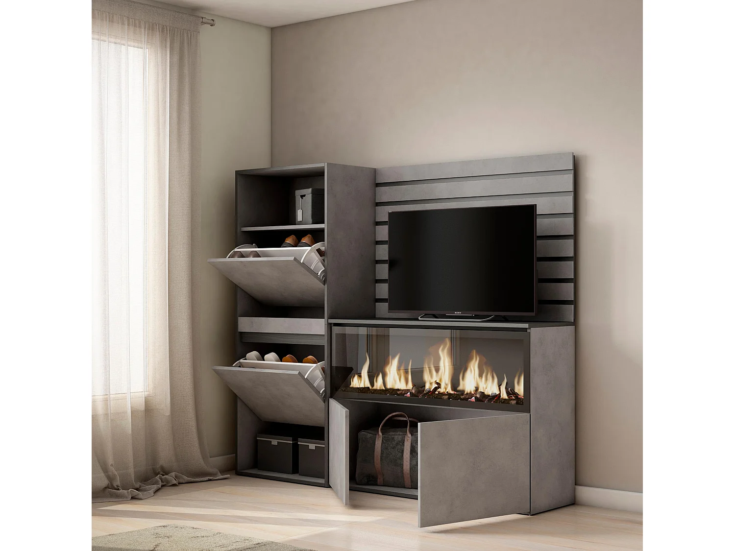 Buffet, Bahut, 167x35x145 cm, Chambre à coucher, pièce, Cheminée électrique XXL, Meuble à Chaussures, Ciment