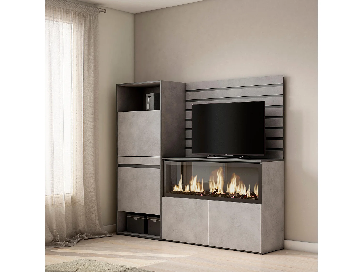 Buffet, Bahut, 167x35x145 cm, Chambre à coucher, pièce, Cheminée électrique XXL, Meuble à Chaussures, Ciment