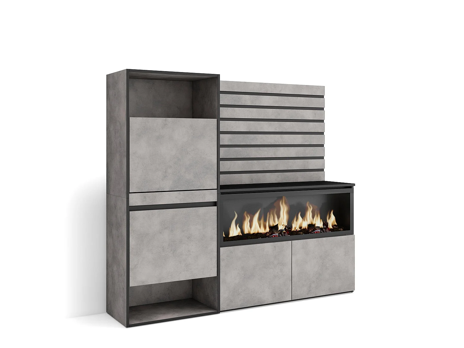 Dressoir, Opbergkast, 167x35x145cm, Voor slaapkamer, kamer, Elektrische haard XXL, Schoenenkast, Cement