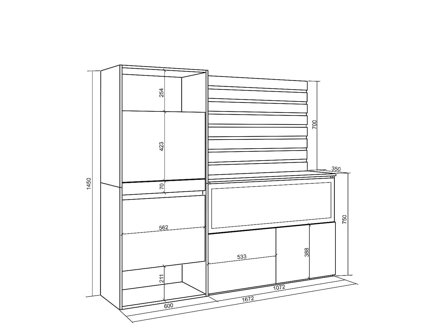 Dressoir, Opbergkast, 167x35x145cm, Voor slaapkamer, kamer, Elektrische haard XXL, Schoenenkast, Cement