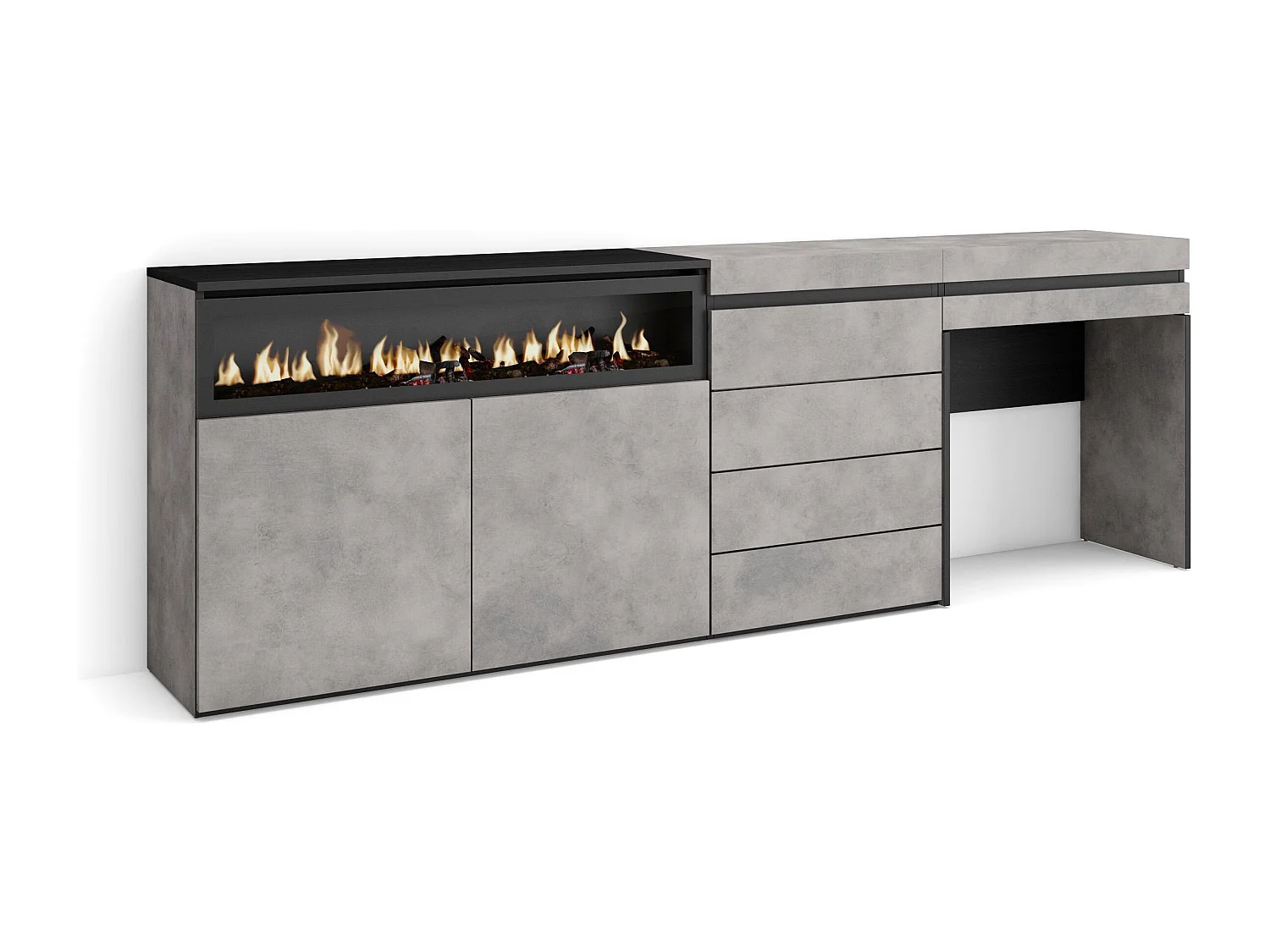 Buffet, Bahut, 227x35x75 cm, Chambre à coucher, pièce, Cheminée électrique, Commode, Buffet, Coiffeuse, Ciment