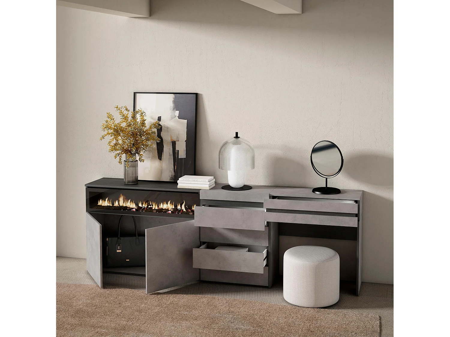 Buffet, Bahut, 227x35x75 cm, Chambre à coucher, pièce, Cheminée électrique, Commode, Buffet, Coiffeuse, Ciment