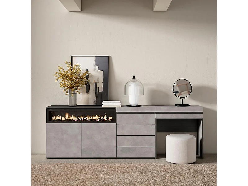 Dressoir, Opbergkast, 227x35x75cm, Voor slaapkamer, kamer, Elektrische haard, Ladekast, Commode, Kaptafel, Make-uptafel, Cement