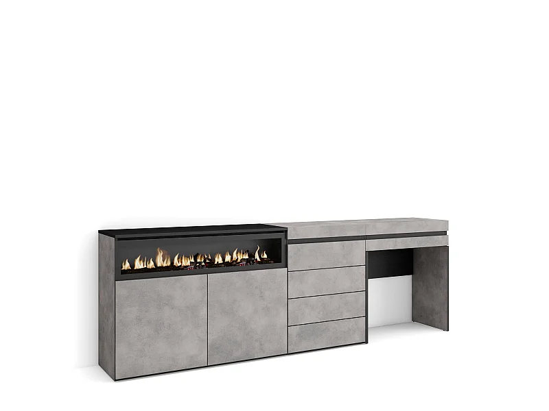 Aparador, Buffet, 227x35x75cm, Para quarto, dormitório, Lareira eléctrica, Cómoda, Toucador, Cimento