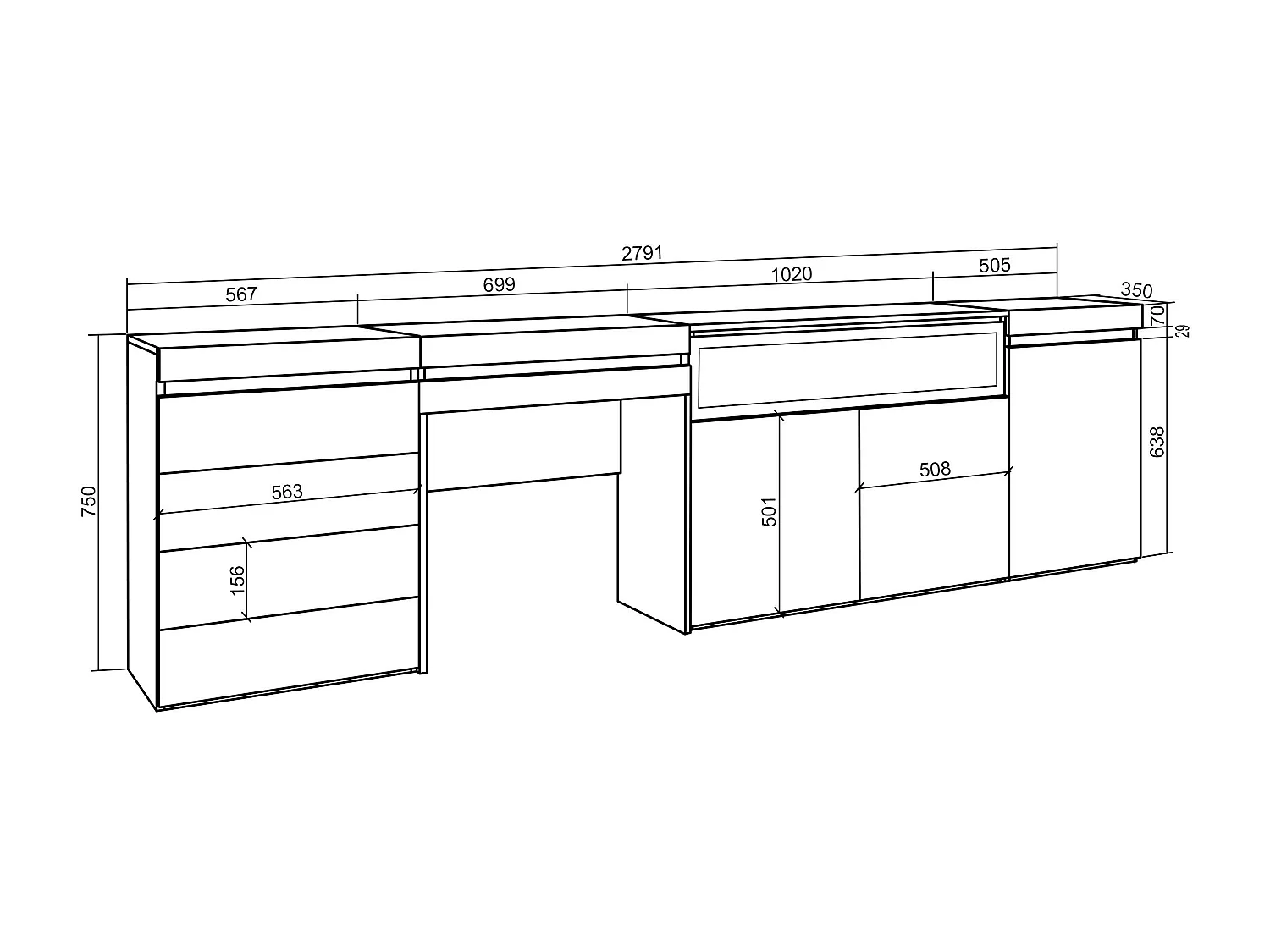 Buffet, Bahut, 277x35x75 cm, Chambre à coucher, pièce, Cheminée électrique, Commode, Buffet, Coiffeuse, Blanc
