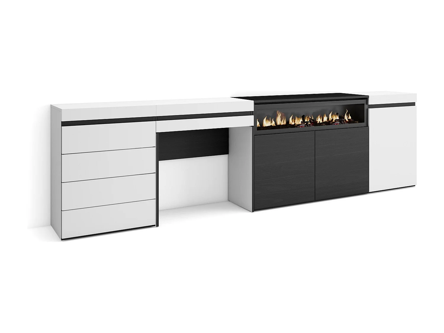 Buffet, Bahut, 277x35x75 cm, Chambre à coucher, pièce, Cheminée électrique, Commode, Buffet, Coiffeuse, Blanc