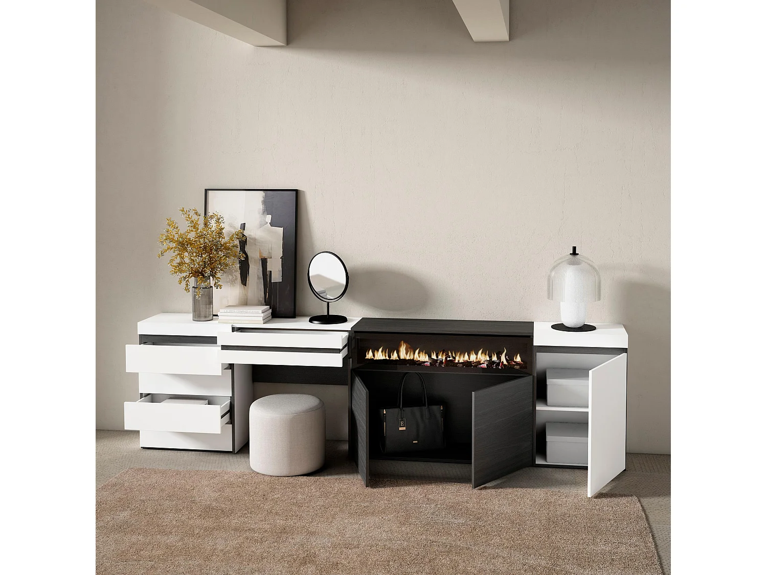 Buffet, Bahut, 277x35x75 cm, Chambre à coucher, pièce, Cheminée électrique, Commode, Buffet, Coiffeuse, Blanc