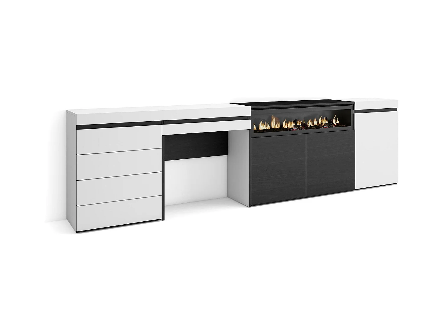Buffet, Bahut, 277x35x75 cm, Chambre à coucher, pièce, Cheminée électrique, Commode, Buffet, Coiffeuse, Blanc