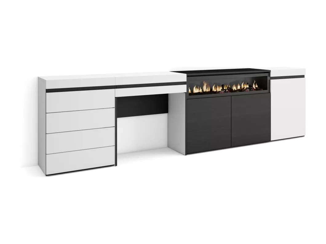 Kauf Unique Sideboard, Kommode, 277x35x75 cm, Für Schlafzimmer, Zimmer, Elektrokamin., Kommode mit Schubladen, Schminktisch, Weiß