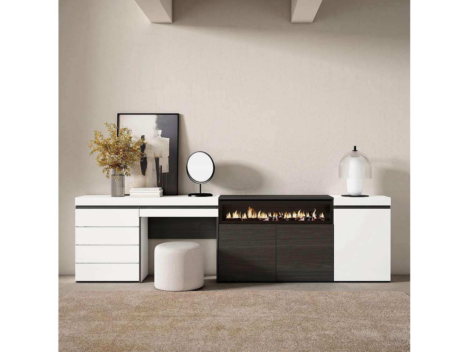 Buffet, Bahut, 277x35x75cm, Chambre à coucher, pièce, Cheminée électrique, Commode, Buffet, Coiffeuse, Blanc