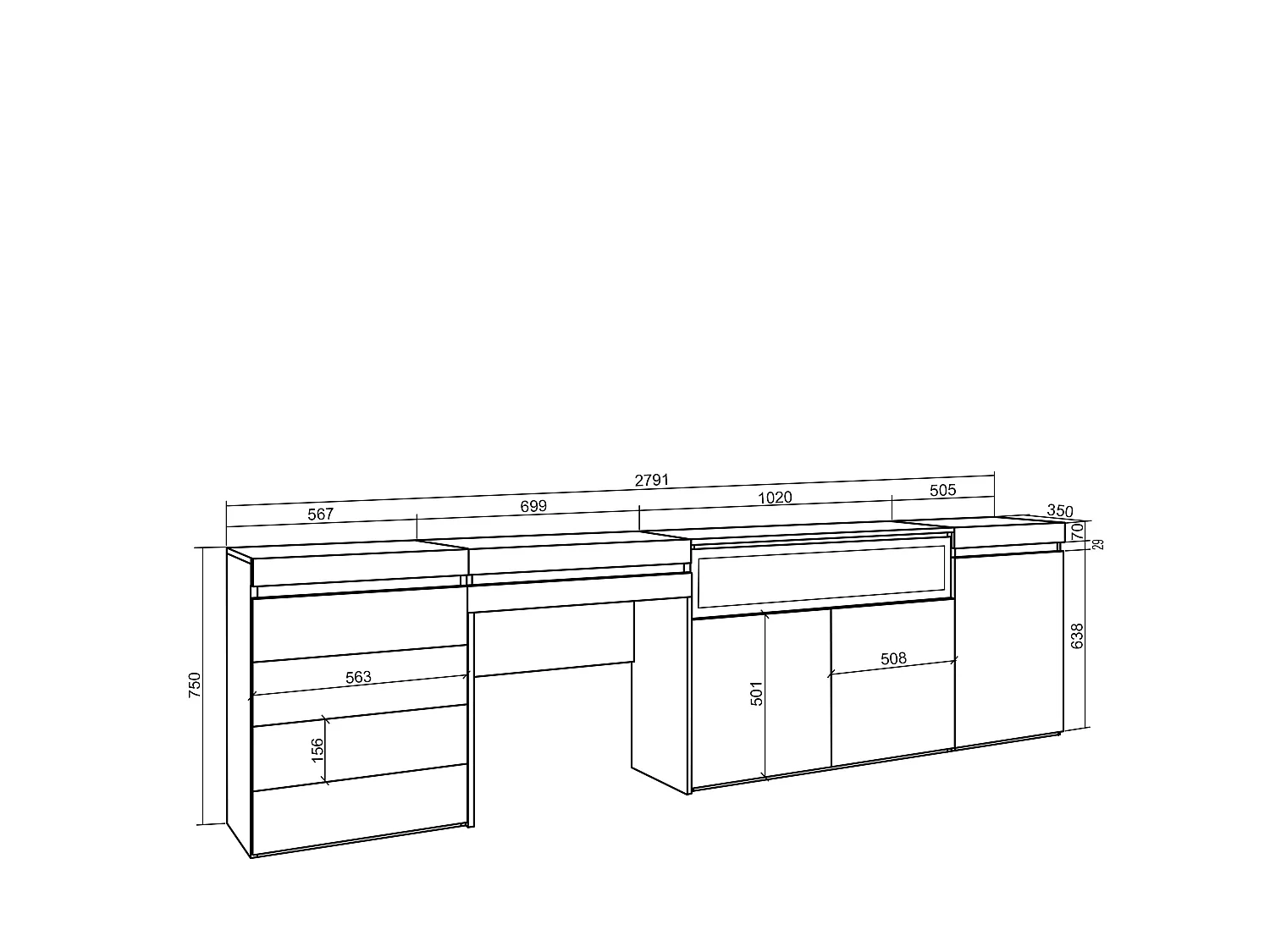 Buffet, Bahut, 277x35x75cm, Chambre à coucher, pièce, Cheminée électrique, Commode, Buffet, Coiffeuse, Blanc